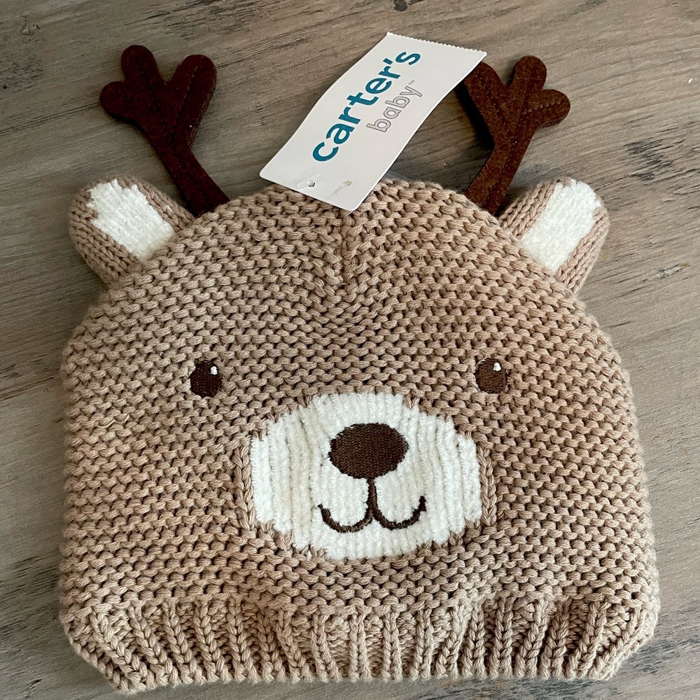 Adorable knitted reindeer beanie hat
